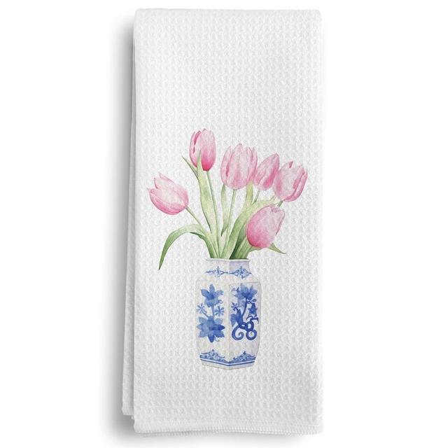 Qeheb Chinoiserie Kitchen Towels, Blue and White Kitchen Decor, Preppy Pink Tulips Flowers Decor Kitchen Towels, Tulip Gifts, Vintage Blue and White Porcelain Kitchen Hand Dish Tea Towels 16x24in
