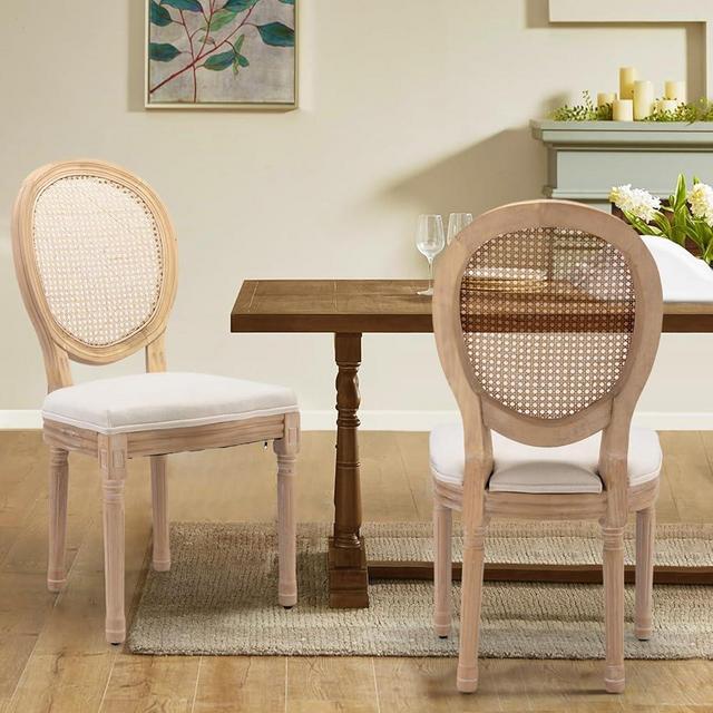 SoarTalent Rattan Back Upholstered Dining Chairs Set of 2 French Country Oval Kitchen Side Chairs with Wood Legs for Dining Room, Kitchen, Restaurant(Beige-Rattan)