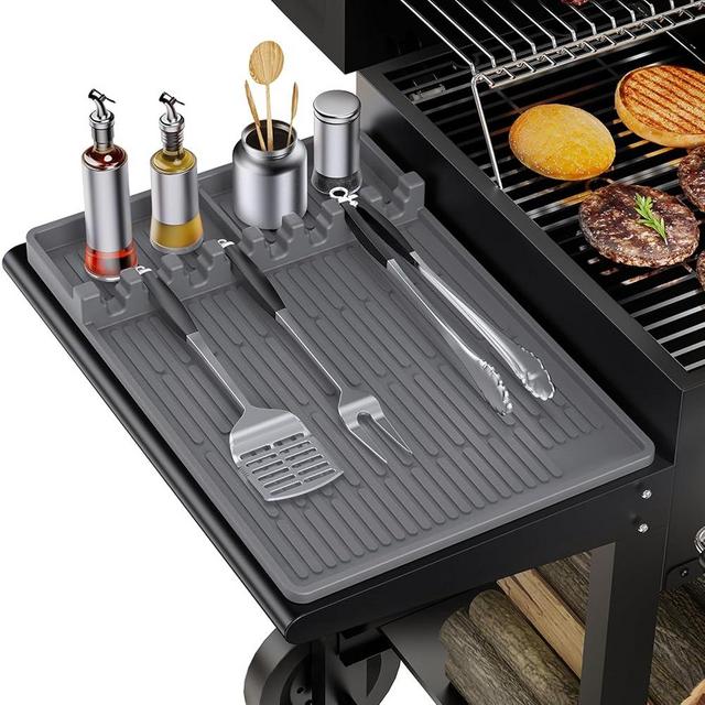MealHelper Silicone Griddle Tools Mat, Grill Mat for Outdoor Grill with Seasoning Jars Holder, Side Shelf Pad for Grilling Accessories, BBQ Tool Rest (Grey)