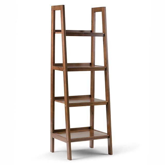 SIMPLIHOME Sawhorse SOLID WOOD 72 inch x 24 inch Modern Industrial Ladder Shelf in Medium Saddle Brown with 4 Shelves, for the Living Room, Study and Office