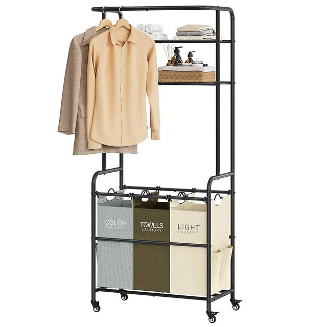 Gewudraw Laundry Sorter Cart with Hanging Rack, 3 Section Laundry Hamper Basket Butler Cart with 2 Tier Shelf, Rolling Lockable Wheels