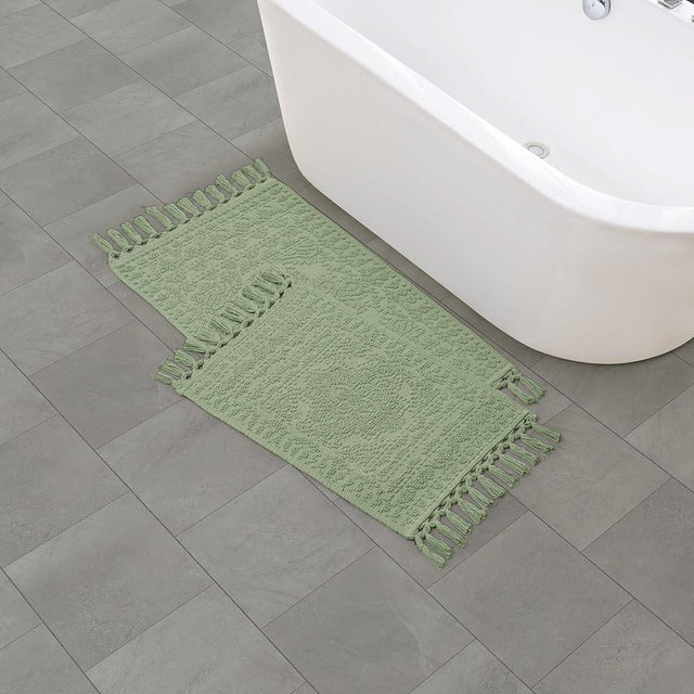 French Connection Nellore Bathroom Rugs, Set of 2 Woven and Beaded Bathroom Mats, Durable Non-Slip Bath Rugs, Thick Bath Mats for Bathroom and Shower Rugs, 17" x 28" and 20" x 38", Sage Green