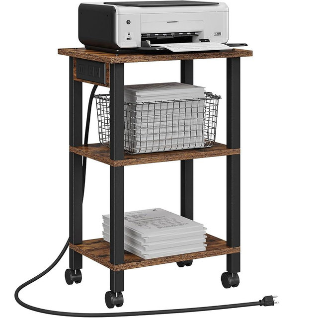 TUTOTAK 3 Tier Printer Stand, Rolling Printer Cart with Power Outlets and USB Ports, Mobile Printer Table with Wheels, for Under Desk, Office, Home,Brown PS02BB001