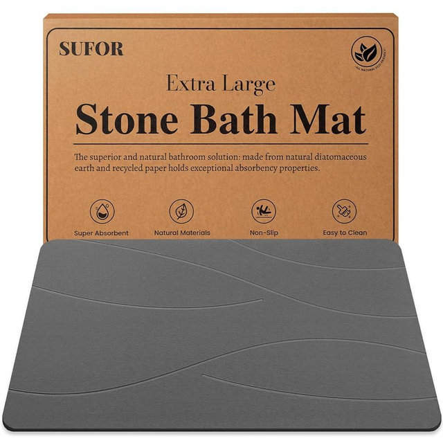 32"x20" Stone Bath Mat, Diatomaceous Earth Shower Mat, Non-Slip Super Absorbent Quick Drying Bathroom Floor Mat, Natural, Easy to Clean (Dark Grey)