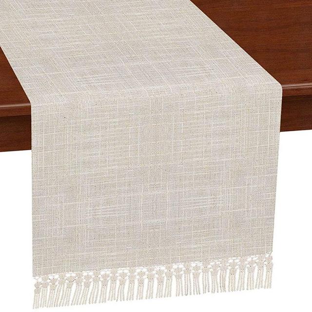 Grelucgo Solid Natural Color Lined Fringe Table Runner or Dresser Scarf (Natural, 14 x 60 inches)