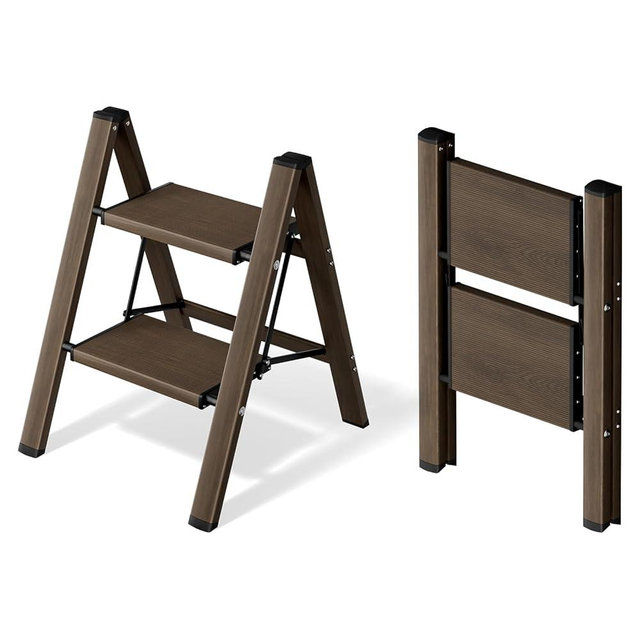 Mayi Plus 2 Step Ladder,Aluminum Folding Step Stool for Adults,Step Ladder with Wide Anti-Slip Pedal,330 lbs Capacity for Home,Office,Kitchen,Library(Walnut)