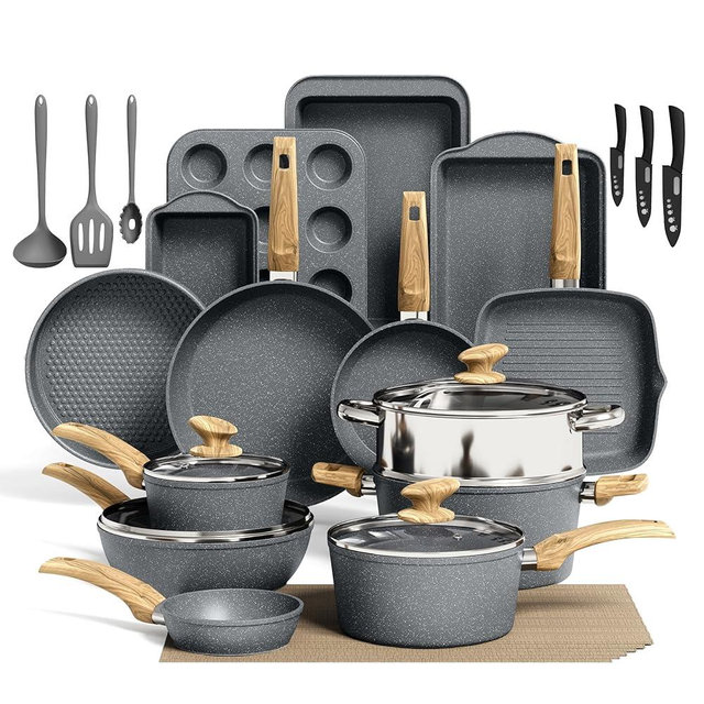 Kitchen Academy Induction Cookware & Bakeware Set - 30 Piece Grey Granite Cooking Pans Set, Non Toxic Pots and Pans Set Non Stick