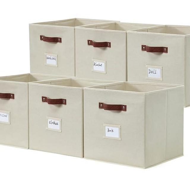 DECOMOMO Storage Bins | Cube Storage Bin with Label Holders, Fabric Storage Cubes for Organizing Shelves Closet Toy Clothes (10.5" x 11" / 6pcs, Beige)