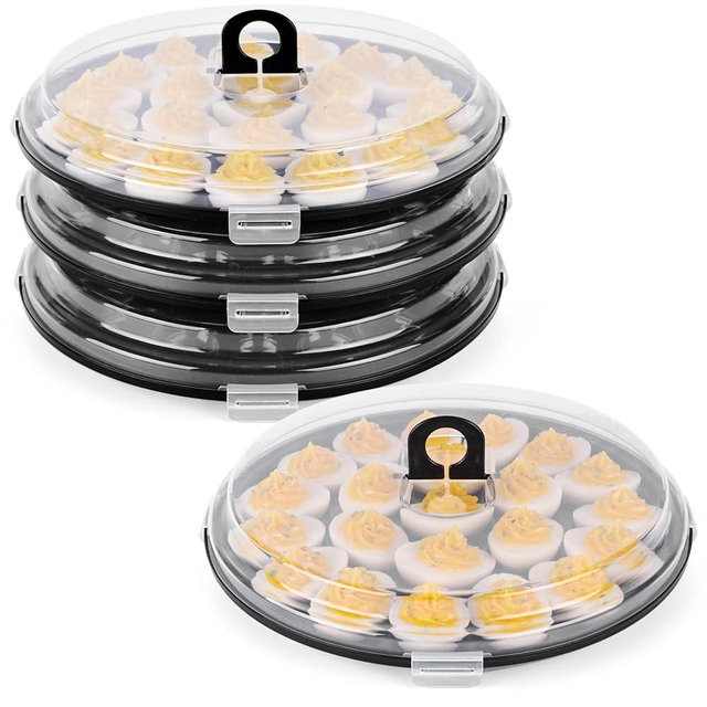 HANSGO 3PCS Deviled Egg Platter with Lid, 11.8in Black Plastic Egg Keeper and Carrier with 22 Slots for Holidays Parties Home Kitchen