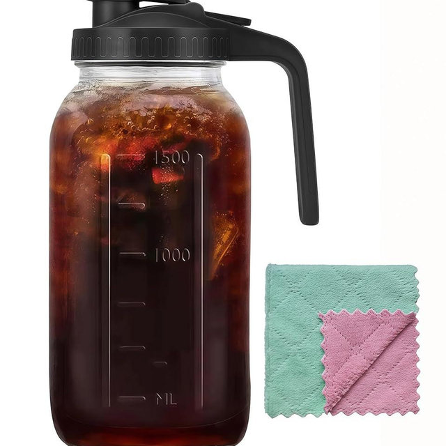 64oz Glass Pitcher Carafes With Handle and Lid, 2 Quart Mason Jar, Large Water Jug, Glass Containers for Fridge, Water Pitcher for Juice, Iced & Sun Tea, Cold Brew Coffee, Homemade Beverage