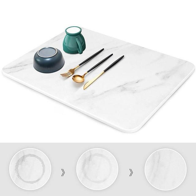 Stone Drying Mat for Kitchen Counter, Super Absorbent, Heat Resistant Dish Drying Mats, Eco-Friendly Diatomaceous Earth Stone Rack Tableware Mat (15.7x11.8 inch, Whtie Marble)