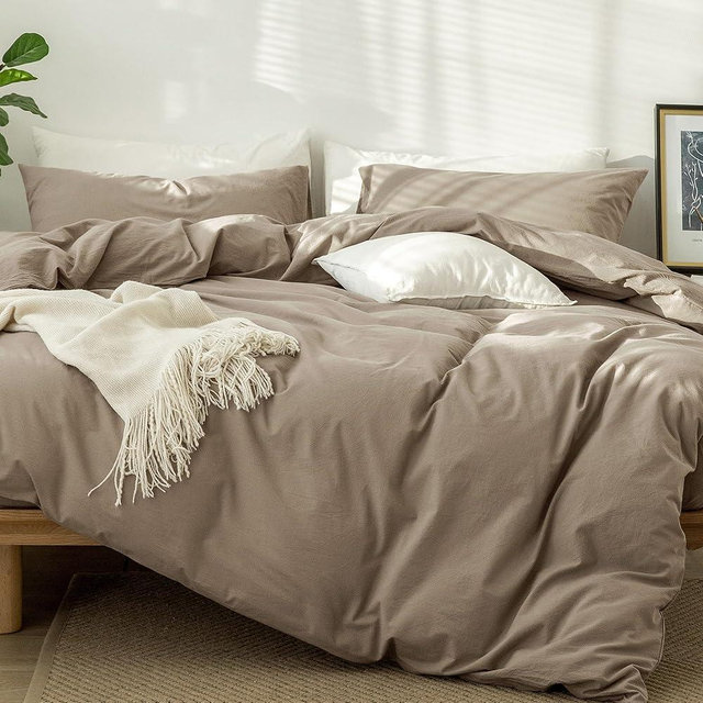 MooMee Bedding Duvet Cover Set 100% Washed Cotton Linen Like Textured Breathable Durable Soft Comfy (Solid Mocha Brown, Super King 108"x98")
