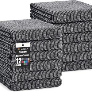 Homaxy Premium Kitchen Towels(18”x 28”, 12 Pack), Large Cotton Kitchen Hand Towels, Flat and Terry Dish Towels, 380 GSM Highly Absorbent Tea Towel Set with Hanging Loop, Black