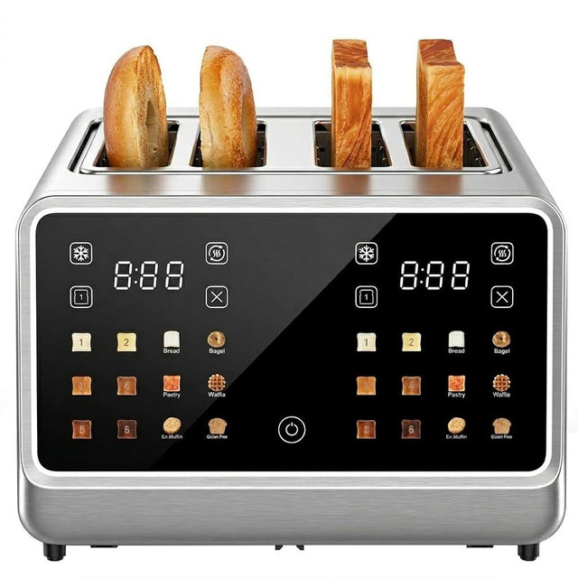 DEAR MORNING 4 Slice Touch Screen Toaster with LCD Display Stainless Steel Digital Toasters 6 Bread Types& 6 Shade Settings Smart Extra Wide Slots Toaster With Bagel Cancel Defrost Reheat Functions