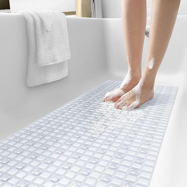 DEXI Bath Tub Shower Mat Non-Slip 16 x 39 Extra Long Bathtub Mats, Suction Cups, Drain Holes, Machine Washable Bathroom Mat, Clear