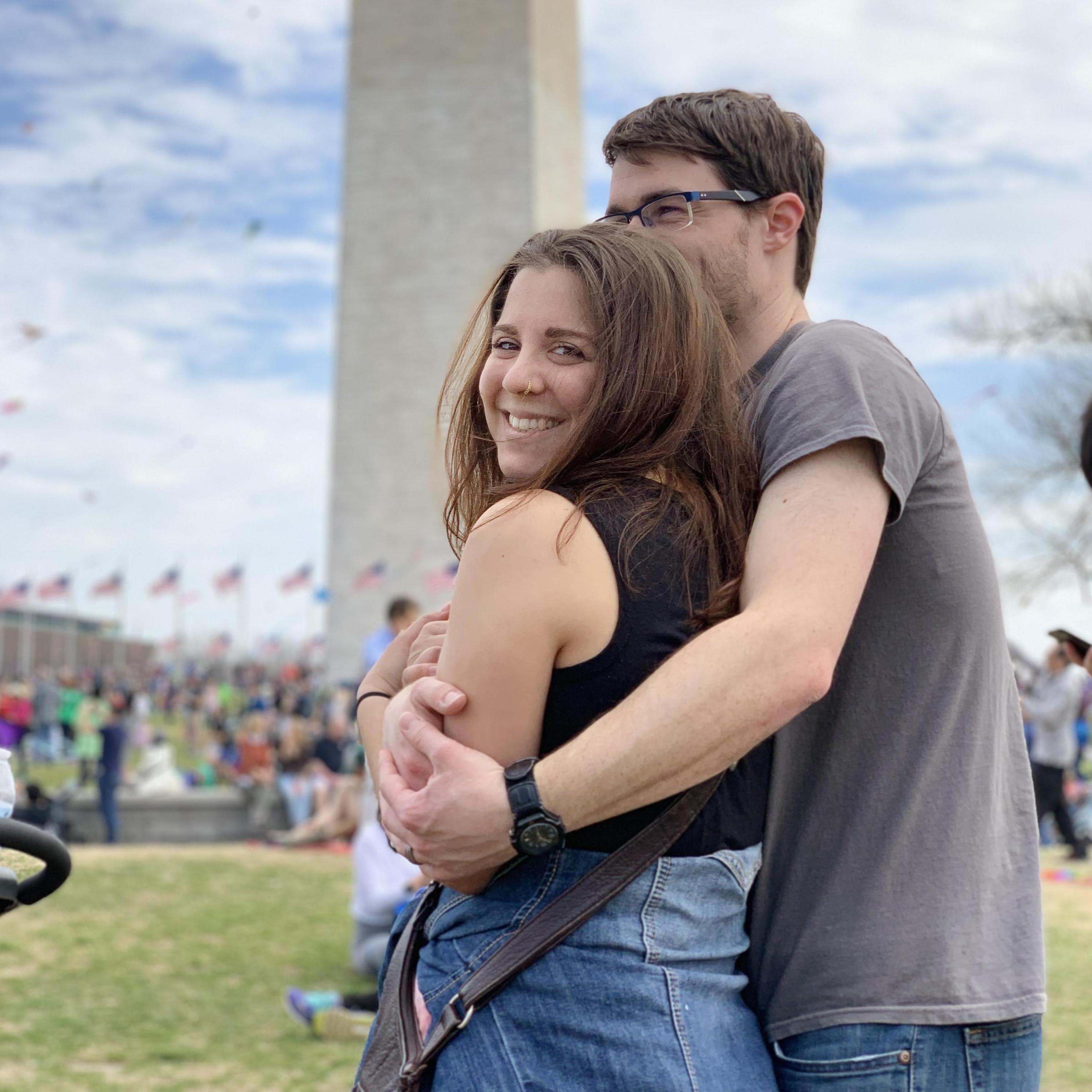 At the Cherry Blossom Festival in Washington, DC next to the Washington Monument