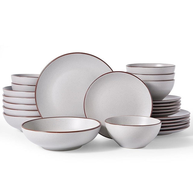 Famiware Venus Speckled Dinnerware Set, 24-Piece Stoneware Dishes for 6, Matte Light Gray - Includes Pasta Bowls & Dinner Plates for Everyday Meals or Formal Dining, Microwave & Dishwasher Safe