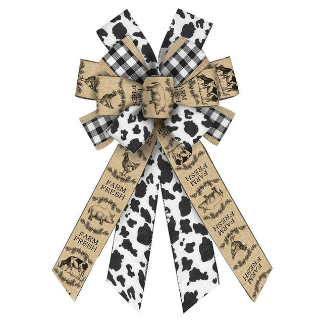 ABTOLS Large Farm Bows for Wreath, Black White Buffalo Plaid Wreath Bows Poultry Bows for Front Door, Farm Fresh Cow Burlap Ornament Tree Topper Bows for Farm Indoor Outdoor Decor