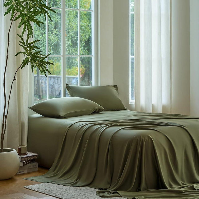 DOZ Sheet Set, 100% Viscose derived from Bamboo, Organically Grown, Buttery Soft, Cooling Sheets, High GSM, Deep Pockets - 3 Piece - 2 Pillowcases 1 Fitted Sheet (Olive, Queen)