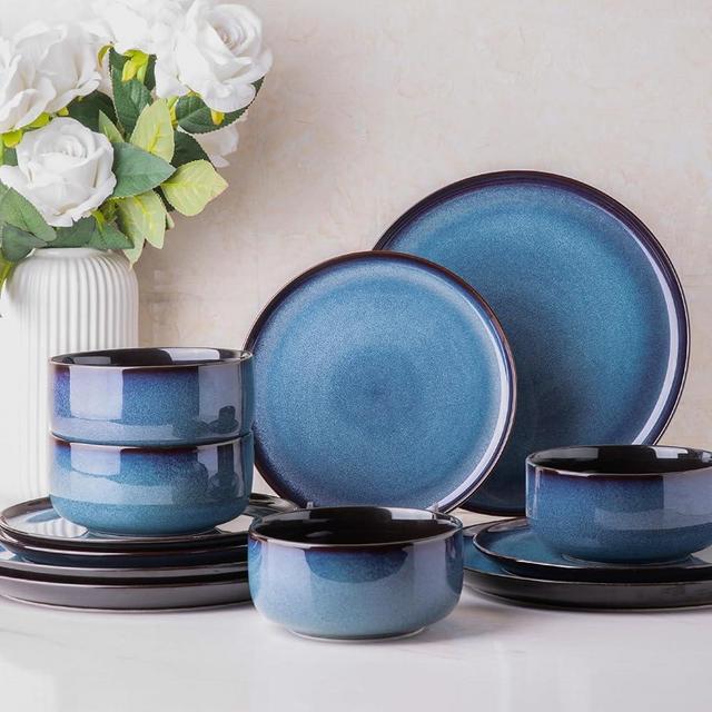 LeRatio Ceramic Dinnerware Sets of 4,Poreclain Plates and Bowls Sets,Handmade Reactive Glaze Dishes Set,Chip Resistant and Scratch Resistant | Oven&Dishwasher & Microwave Safe,Service for 4-Blue