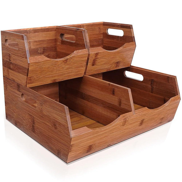 [Upgraded] 2-tier Stackable Bamboo Pantry Storage Bins, Potato and Onion Storage Baskets with Handles, Removable Divider, Pantry Organizer Holder for Kitchen, Office, Cabinet, Fruit Storage (Walnut)