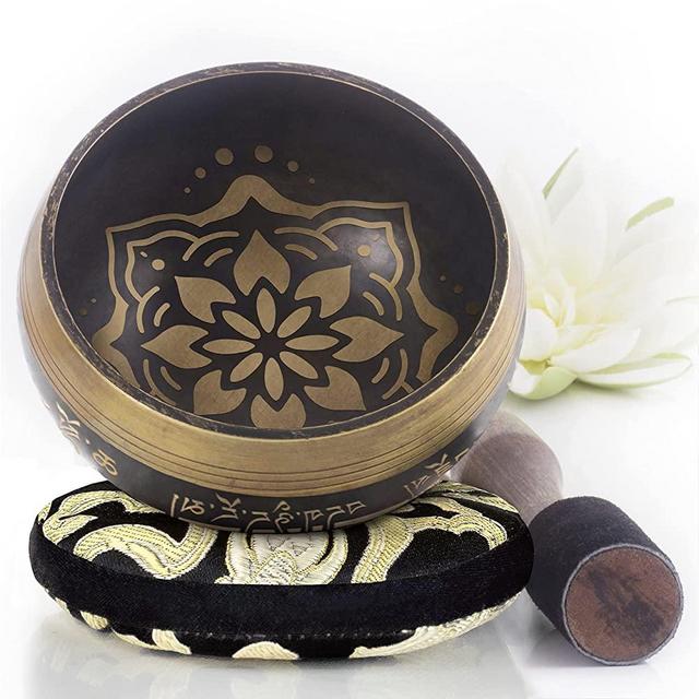 Tibetan Singing Bowl Set — Easy to Play with New Dual-End Striker & Cushion ~ Creates Beautiful Sound for Holistic Healing, Meditation & Relaxation ~ Bliss Pattern~ Darker Brown Bowl with Black Pillow
