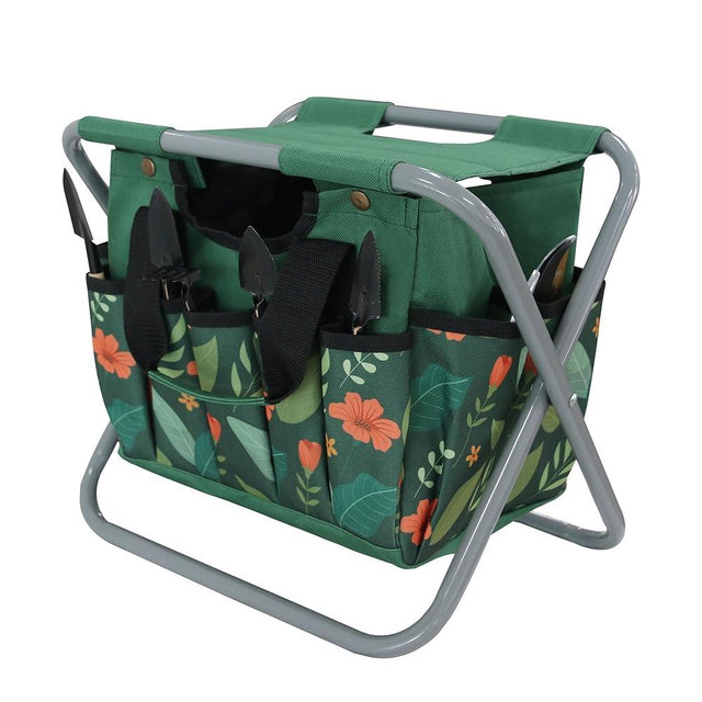 GeerDuo Folding Gardening Stool with Detachable Storage Tote Bag, Multifunctional Gardening Tools Set Organizer for Fishing and Camping,Portable Garden Chair Seat for Adults (Green Flower)