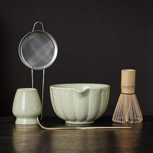 Matcha Set, Matcha Bowl with Spout, Matcha Whisk Set with Matcha Scoop, Sifter, Chasen Holder - 5 Pcs Mottled Green Perfect Matcha Making Kit for Matcha Lover and Matcha Tea Ceremony