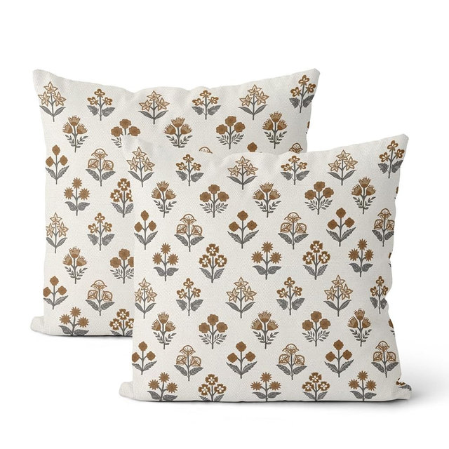 Brown Grey Pillow Covers 18x18 Inch 2 Pcs Gray Block Print Vintage Floral Decor Throw Pillows Boho Flower Spring Summer Outdoor Seasonal Decoration Pillowcase Linen Cushion Cover for Couch Sofa