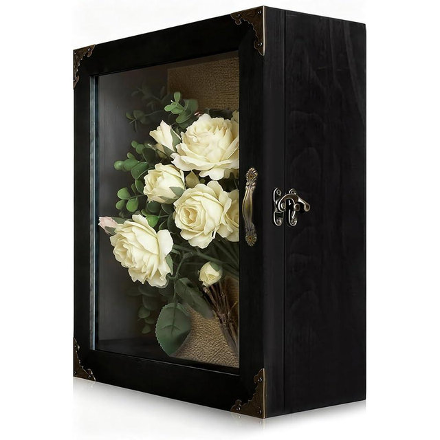 Yudlto 11x13 Shadow Box Frame 5 Inch Deep Display Case, Rustic Burnt Wood, Acrylic Door with Hinged Design, Vintage Metal Handle and Latch, Linen Back