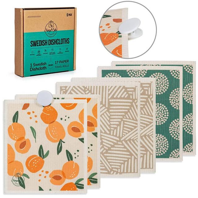 Harps&Seb Reusable Swedish Dishcloths for Kitchen – Super Absorbent Washable Swedish Dish Towels with Convenient Hanging Clips – Odorless Non Scratch Cellulose & Cotton Dish Cloth Set – 6 Pack