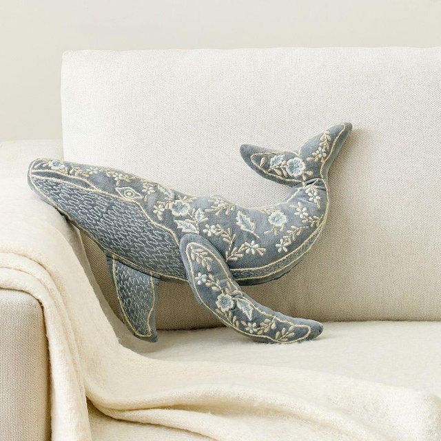 Willa the Whale Shaped Pillow, Blue/White, 19" x 19"
