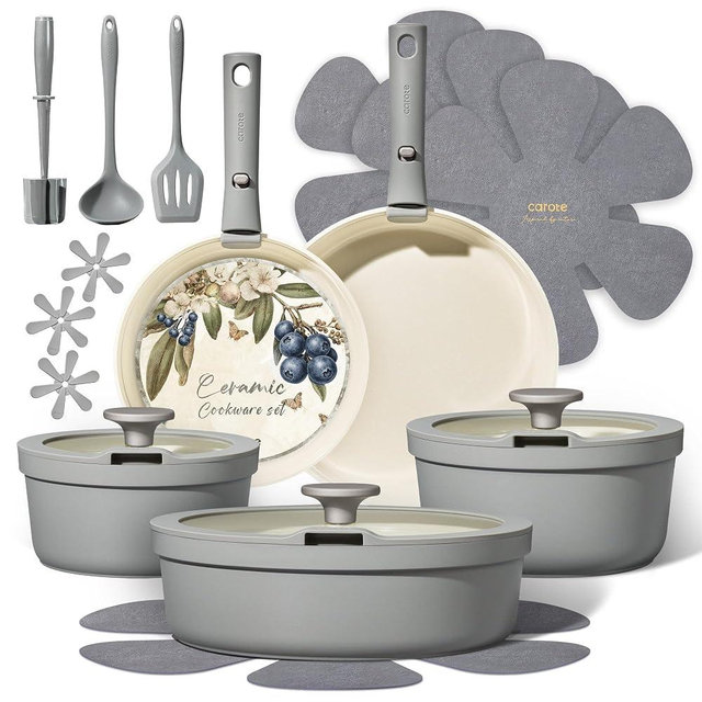 Carote 20pcs Ceramic Cookware Set with Detachable Handles, Pots and Pans Set Non Stick, RV Kitchen Cooking Pot and Pan, Dishwasher Safe, Non-toxic Induction Cookware PFAS and PFOA Free, Grey