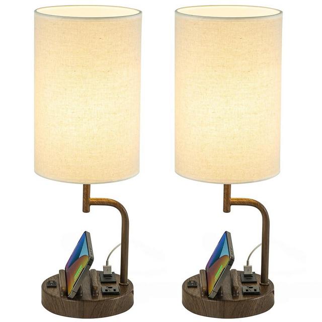 Dreamholder Table Lamp with 3 USB Charging Ports, Modern Desk Lamp with AC Outlet and Phone Stands, Perfect Bedside Lamp for Bedroom, Living Room, Office (Pack of 2), Walnut