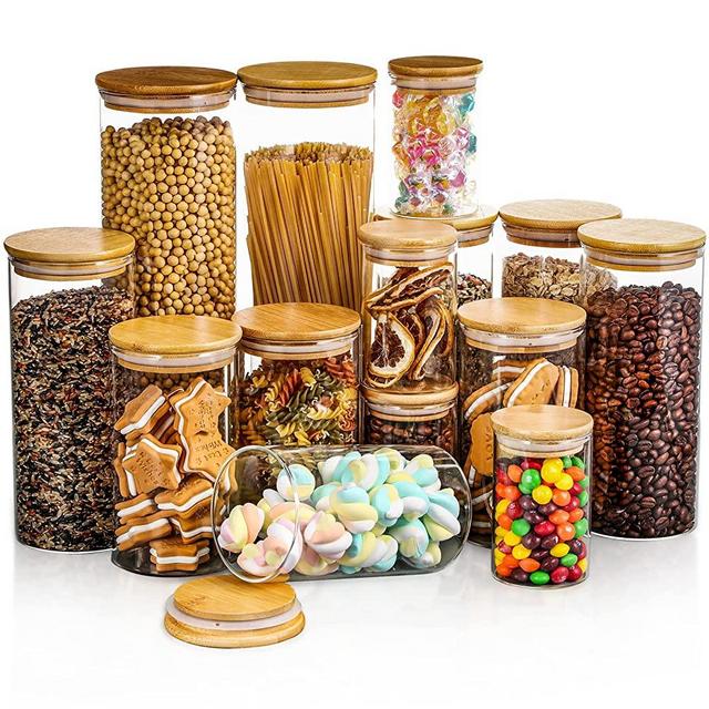 Lallisa Set of 14 Stackable Kitchen Canisters Set with Airtight Bamboo Lid Clear Glass Food Storage Containers Glass Storage Jars for Sugar Flour Coffee Pantry Candy Cookie Rice Pasta Nuts Spice