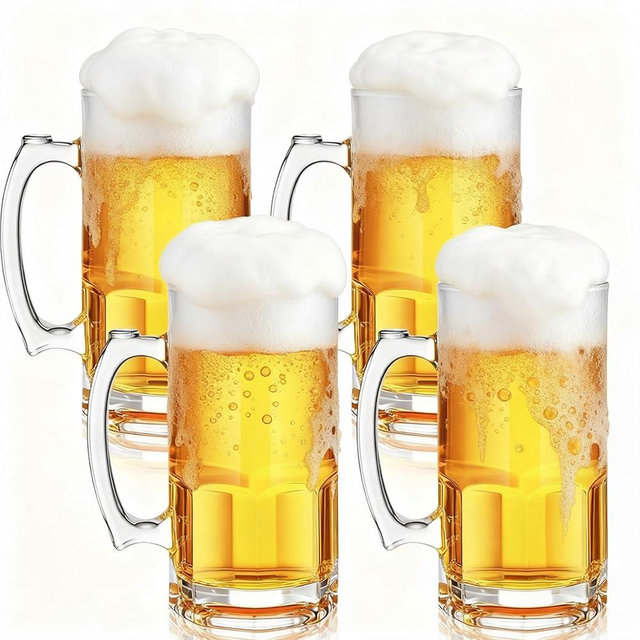 Lallisa 4 Pack 34 oz Extra Large Glass Beer Mugs with Handles, German Style Heavy Beer Steins for Freezer, Clear Thick Glasses - Tall Weizen Mugs for Pub, Great Gift for Men
