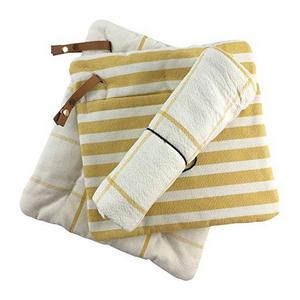 Hearth and Hand with Magnolia, Striped and Grid Pattern Pot Holder (Set of 2) with Large Flour Sack Kitchen Dish Towel Set, Golden Yellow and White, 100% Cotton