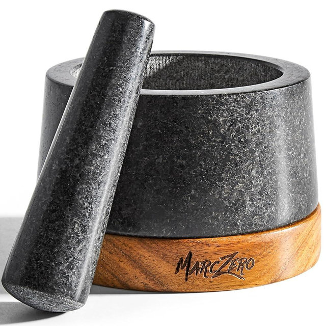MarcZero 6inch Large Mortar and Pestle Set with Anti-Scratch Wooden Base,Heavy Duty Mortar and Pestle Made of Natural Granite(Black)