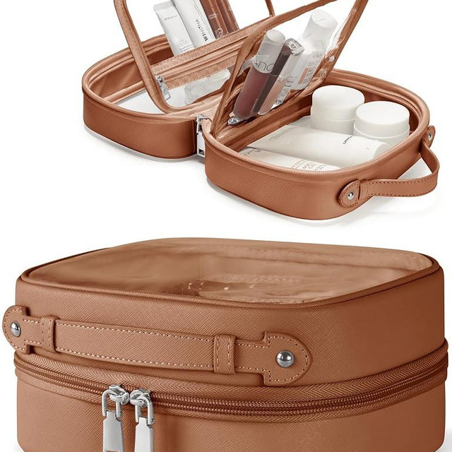 Oaque Clear Cosmetic Bag Double Layer Travel Toiletry Bag Clear Makeup Bag Case with 4 Compartments, Transparent Travel Bag for Toiletries, Large Toiletry Bag for Women Cosmetic Case (Brown, Small)