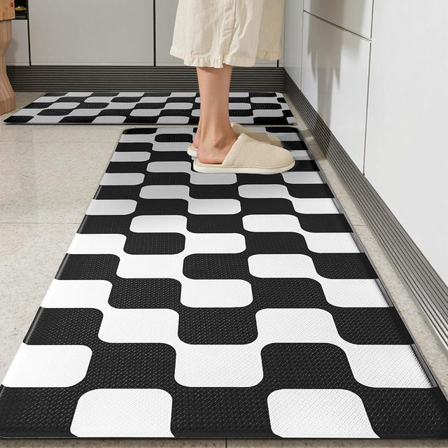 Black Retro Curvy Checkered Grid Checkerboard Kitchen Rug Sets [2 PCs], Anti-Fatigue, Waterproof Non-Slip Kitchen Mats Heavy Duty Ergonomic Comfort Foam Rug for Floor, Home, Laundry,17"x29"+17"x47"