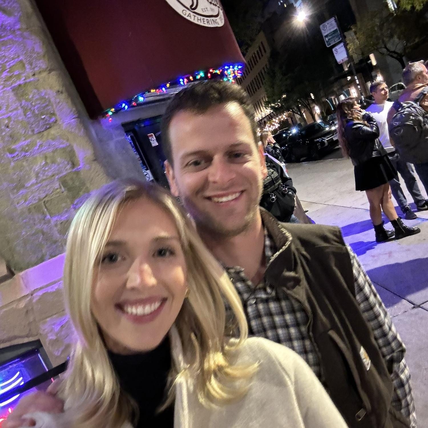 Outside 'Mom's Place' on the anniversary of their first date.
