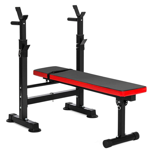BalanceFrom Fitness Heavy Duty Steel Multifunctional Adjustable Foldable Workout Station with Olympic Bench, and Squat Rack, Red and White