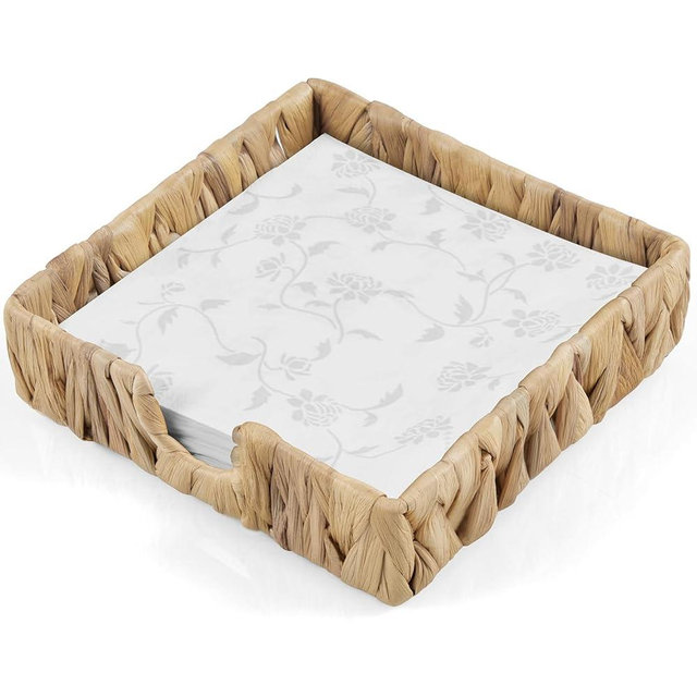 Napkin Holder for Table, Woven Water Hyacinth Napkin Holders For Paper Napkins, Wicker Napkin Holders for Kitchen Dinner Table Boho Decor and Accessories, Square Napkin Basket and Serving Tray