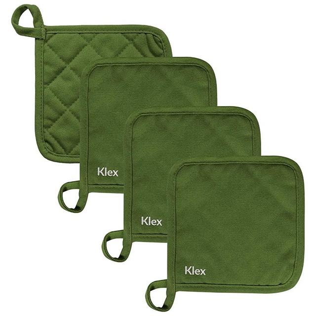 KLEX 4pcs Cotton Pot Holders for Oven Cooking and Baking, Durable Quilted Cotton Potholders, Up to 482°F Degrees Heat Resistance Potholder, Cotton Filling, Green
