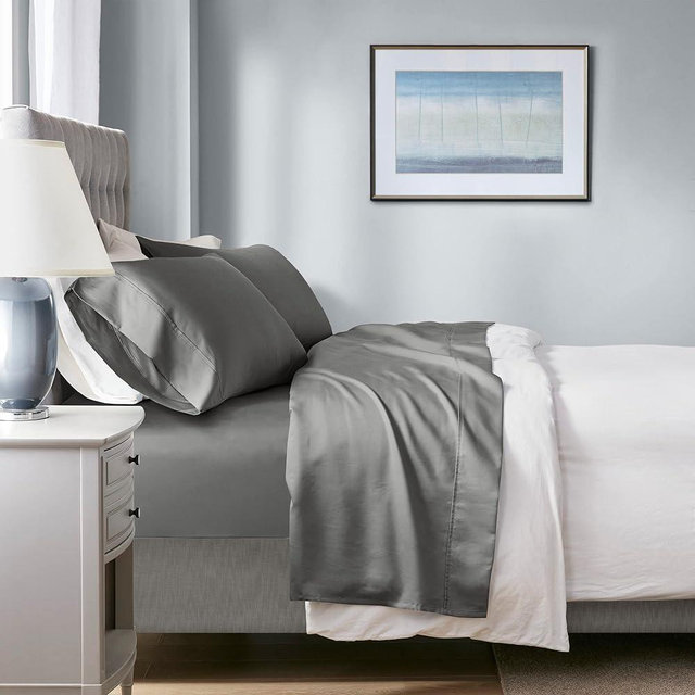Beautyrest 1000 Thread Count, Solid Color Sheet Set, Elastic Deep Pocket, All Season, Breathable, HeiQ Smart Temperature, Soft Cotton Blend Bedding, Matching Pillowcase, Queen Charcoal 4 Piece