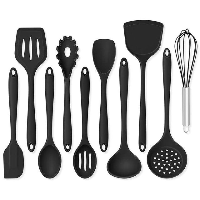 Onader Silicone Cooking Utensils Set 10 Pieces Black Kitchen Utensils for Nonstick Cookware - Non Toxic & Dishwasher Safe