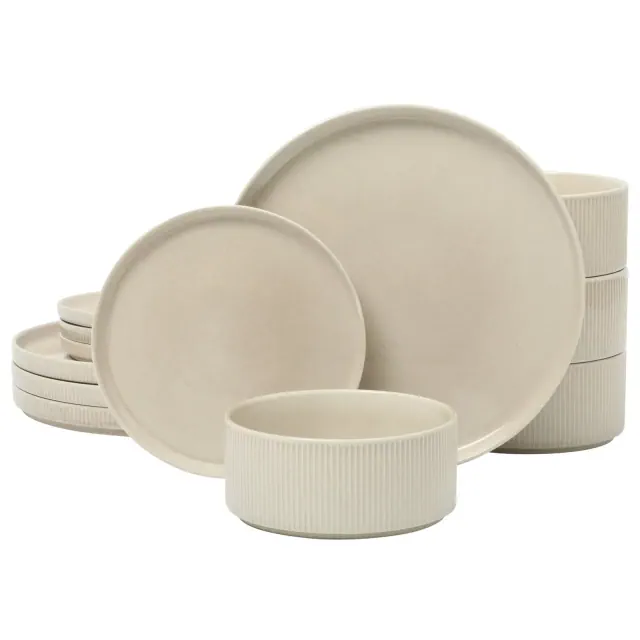Gibson Elite Solana Coast 12 Piece Stoneware Reactive Glaze Ceramic Plates and Bowls Modern Shape Embossed Dinnerware Set - White