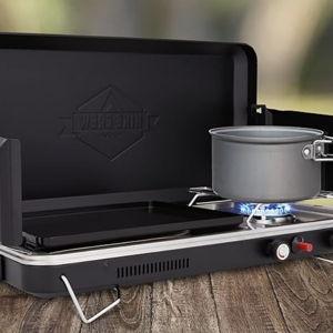 Hike Crew 2-in-1 Gas Camping Stove and Griddle, Portable Propane Burner w/Integrated Igniter & Stainless Drip Tray | Built-in Carrying Handle, Foldable Legs & Wind Panels | Includes Regulator