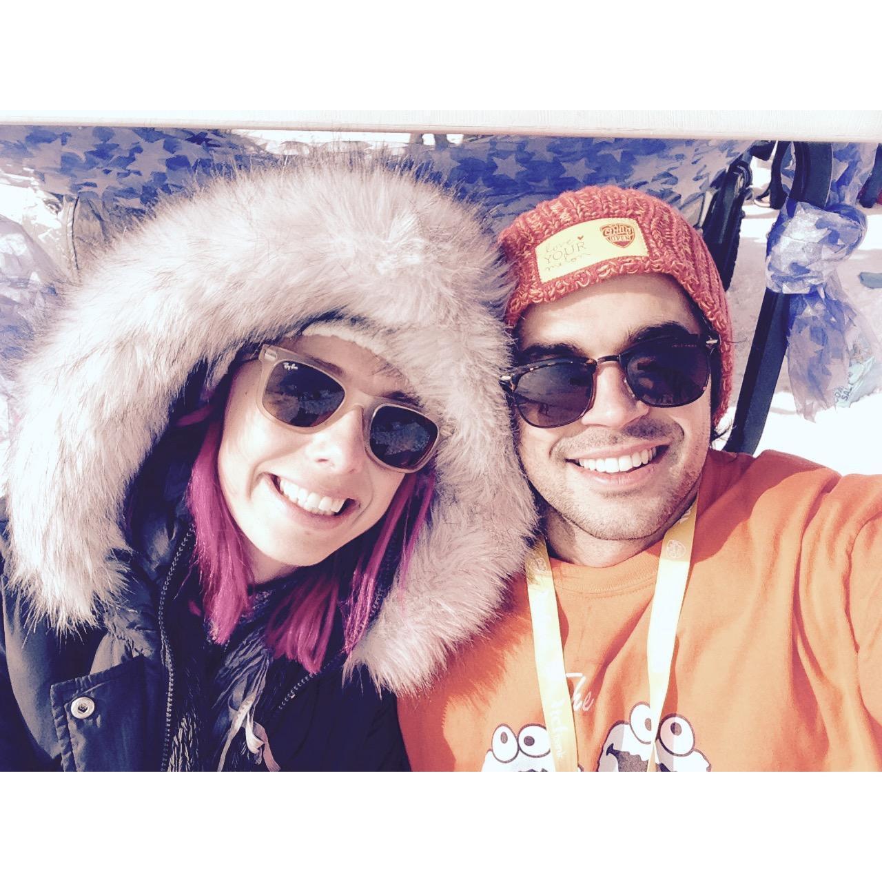 Fred called this famous hair color "Elmo." We were at a golf tournament on the ice and it was so frigid yet the warmth of our love kept us comfortable. Well...not totally we did not last long.