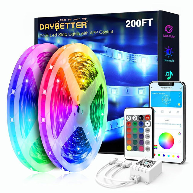 DAYBETTER LED Strip Lights 200ft (2 Rolls of 100ft), Color Changing Lights Strip for Bedroom, Desk, Indoor, Room Bedroom, Girl Boy Brithday Gifts RGB Decor with Remote and 24V Power Supply